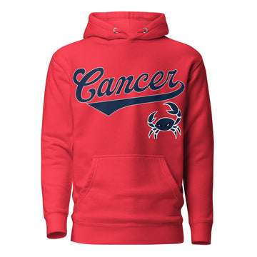 Cancer zodiac sports graphic hoodie, red with blue ink, unisex athletic astrology apparel, front flat lay