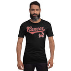 A man with a beard modeling a black short-sleeve t-shirt with a red 'Cancer' script and crab graphic on the chest, set against a plain white background.