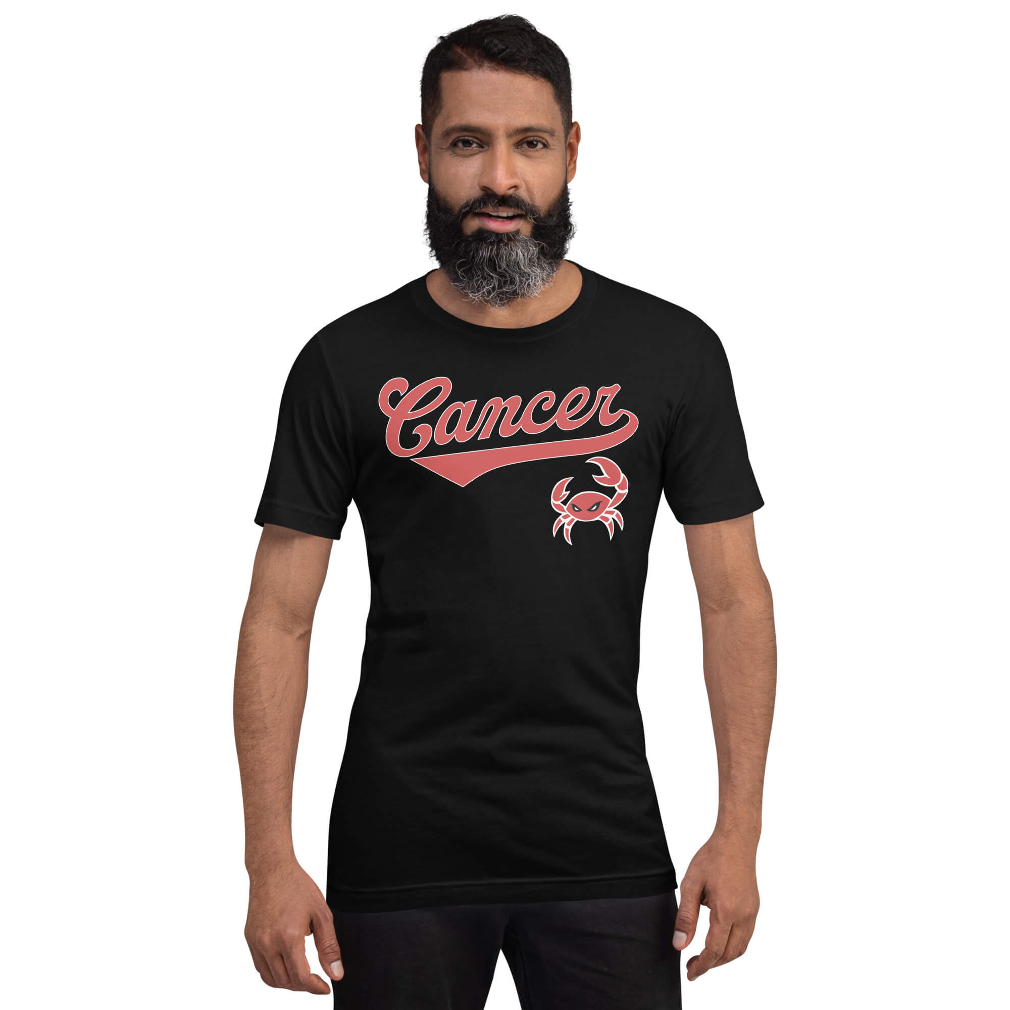 A man with a beard modeling a black short-sleeve t-shirt with a red 'Cancer' script and crab graphic on the chest, set against a plain white background.