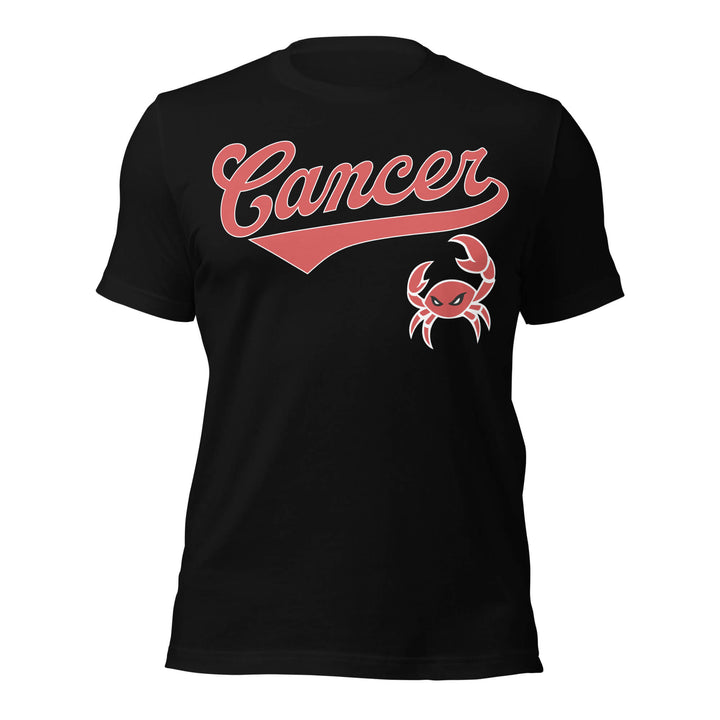 Black t-shirt with 'Cancer' and a crab graphic in red on a white background. Black Shirt / Red Ink variant.