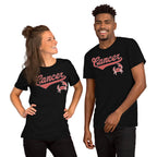 Two people wearing black t-shirts with a Cancer zodiac graphic design on a white background
