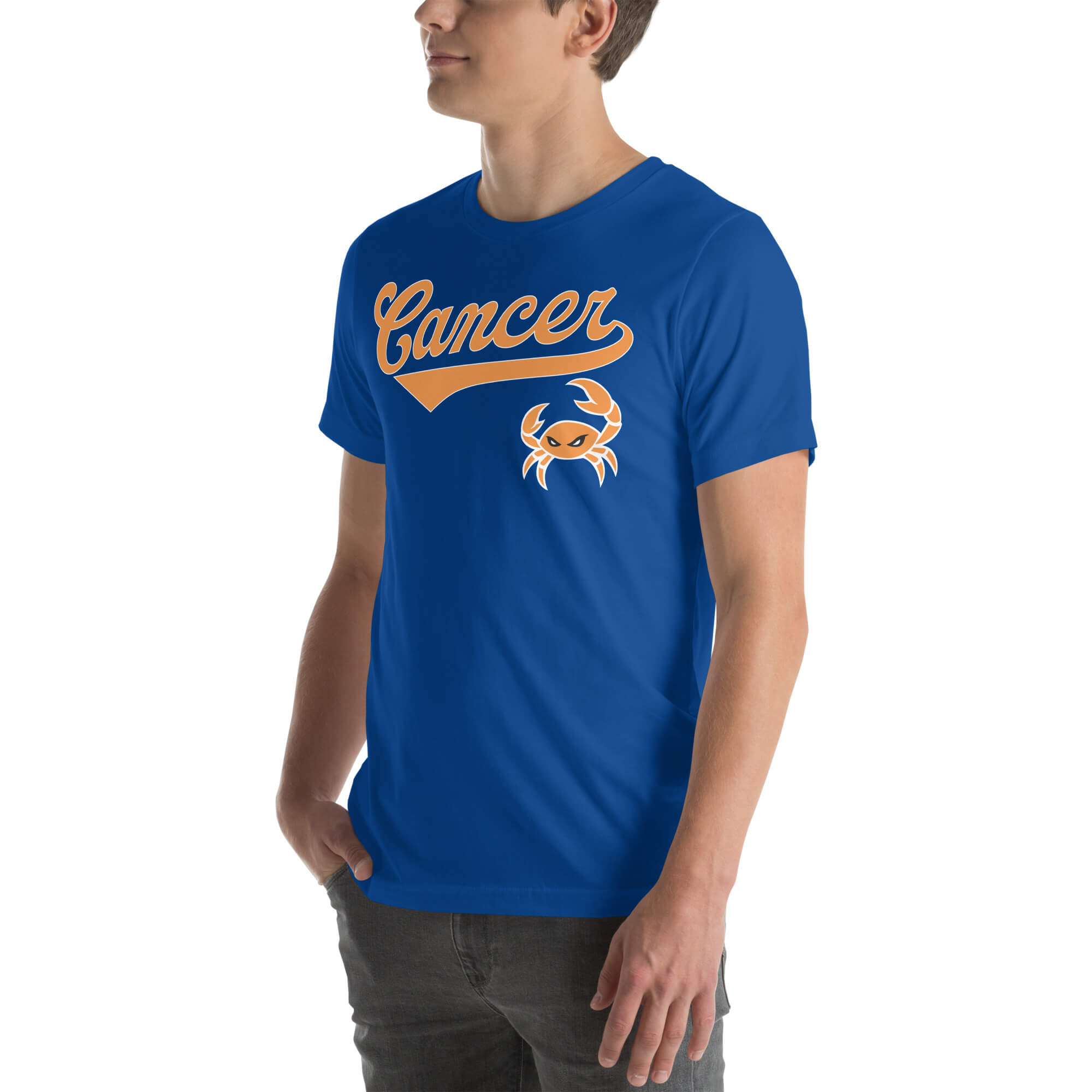 A man wearing a royal blue crewneck t-shirt with a retro-style orange and white 'Cancer' script and crab graphic on the chest, shown against a plain white background.