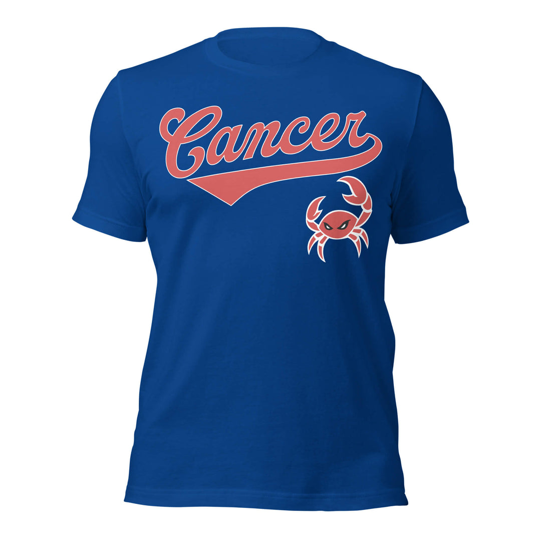 Blue t-shirt with 'Cancer' and a crab graphic on a white background. Blue Shirt / Red Ink variant