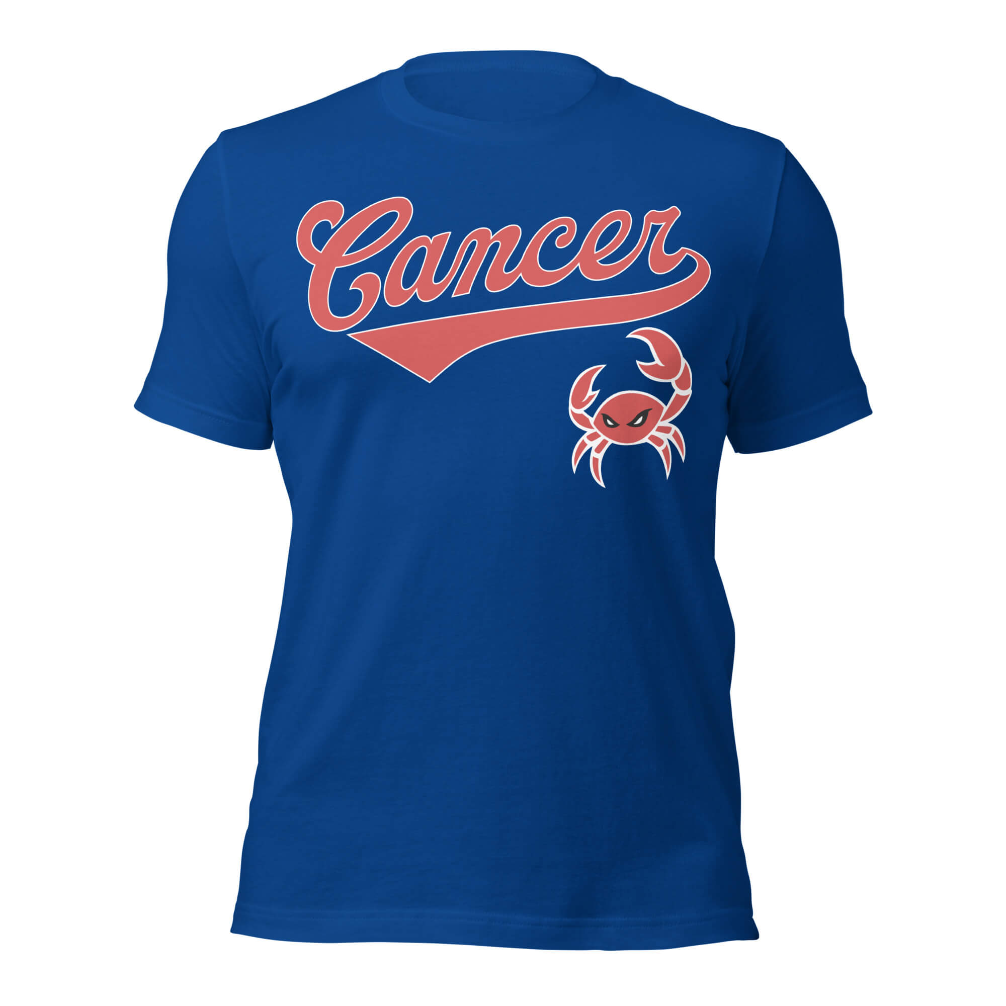 Cancer zodiac sports graphic t-shirt, blue with red ink, unisex athletic astrology apparel, front flat lay