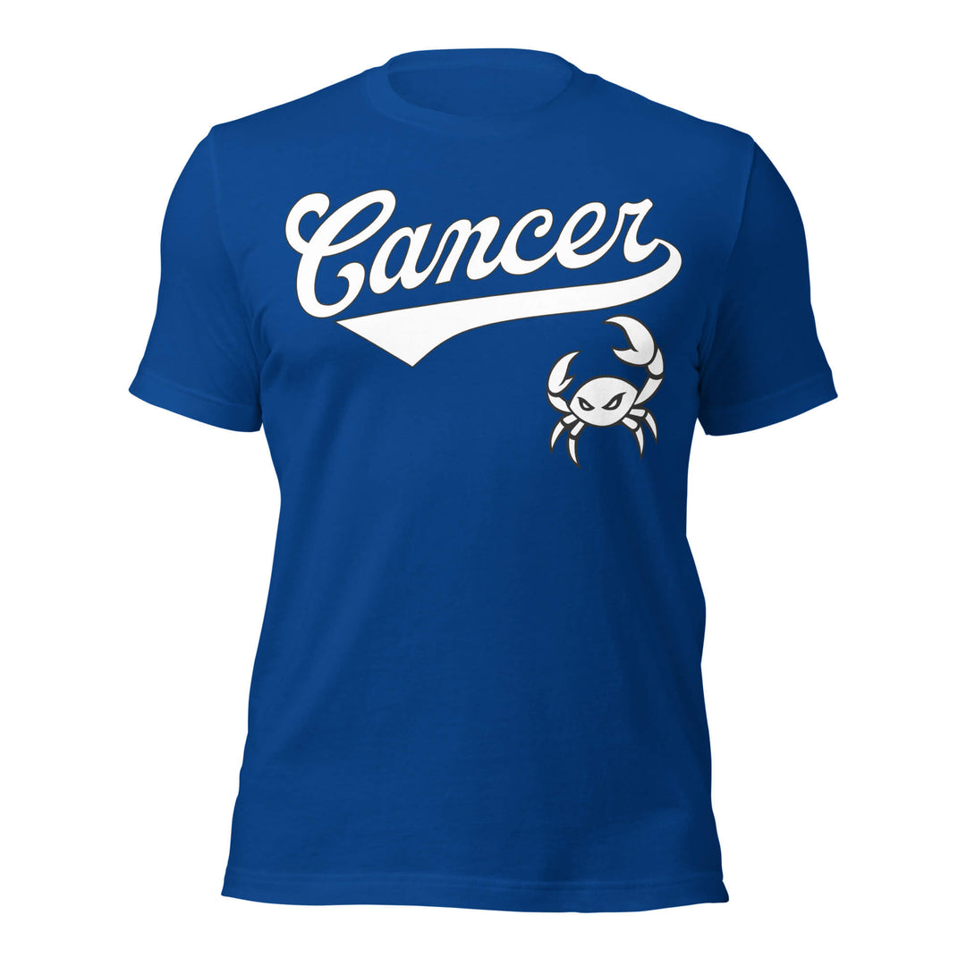 Blue t-shirt with 'Cancer' and a crab graphic on a white background. Blue Shirt / White Ink variant