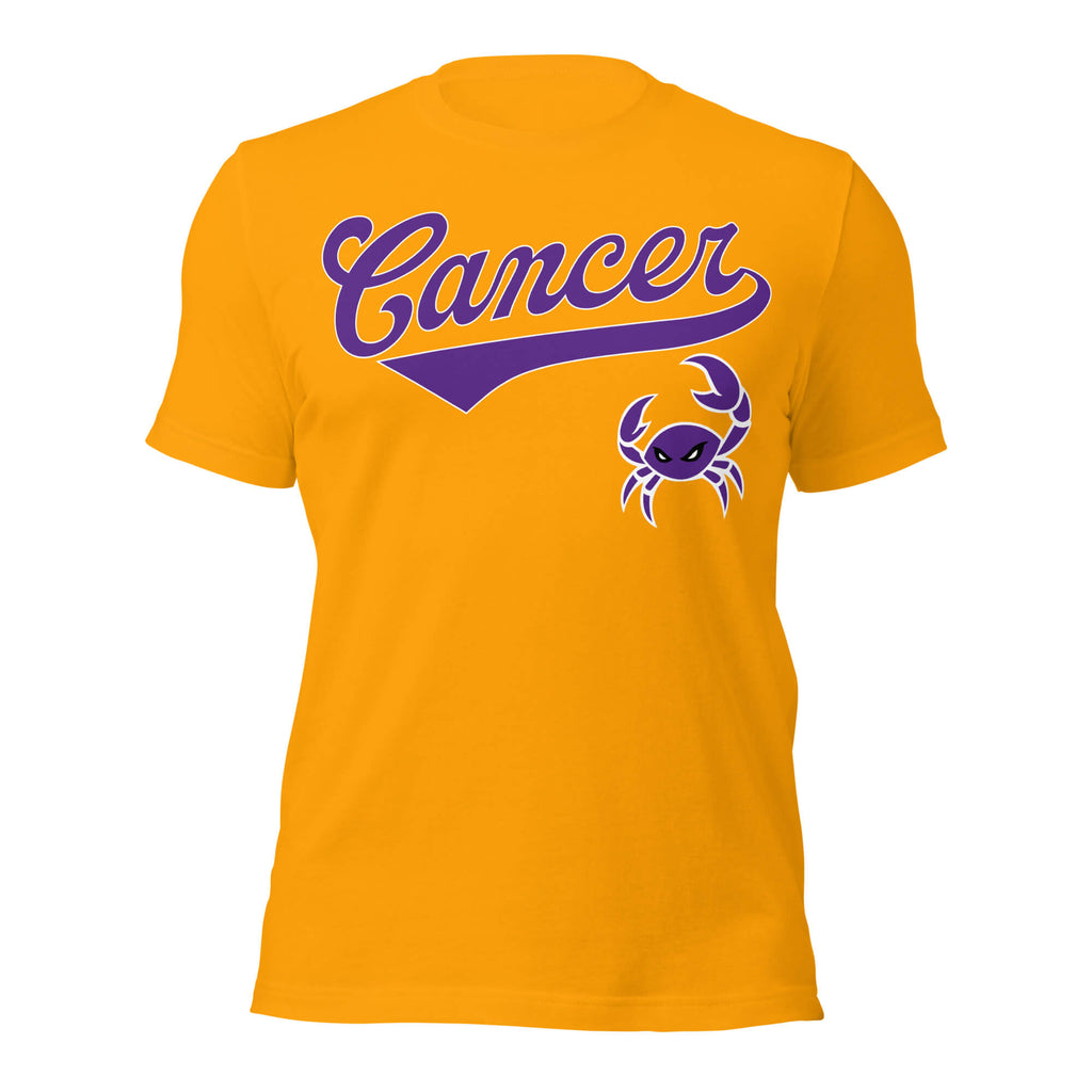 Cancer zodiac sports graphic t-shirt, gold with purple ink, unisex athletic astrology apparel, front flat lay