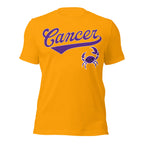 Cancer zodiac sports graphic t-shirt, gold with purple ink, unisex athletic astrology apparel, front flat lay