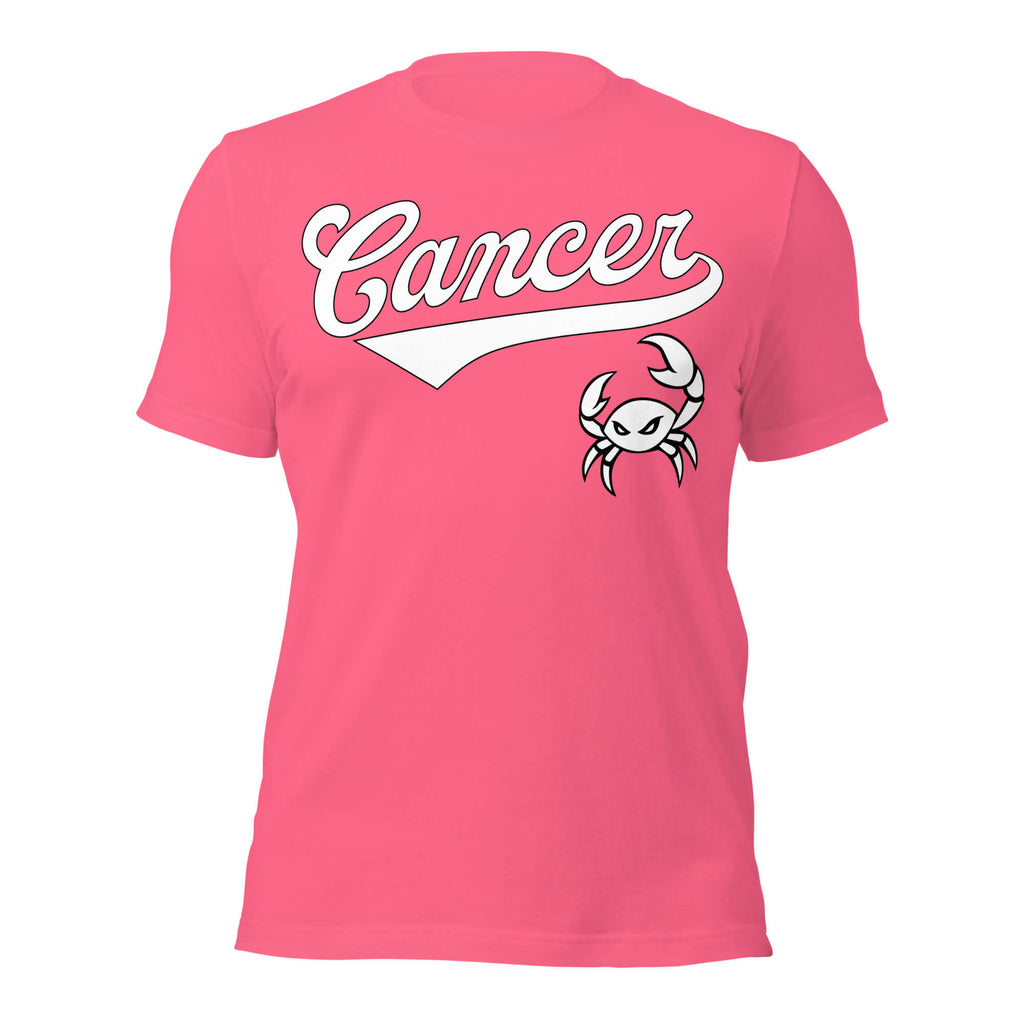 Cancer zodiac sports graphic t-shirt, pink with white ink, unisex athletic astrology apparel, front flat lay