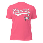 Cancer zodiac sports graphic t-shirt, pink with white ink, unisex athletic astrology apparel, front flat lay