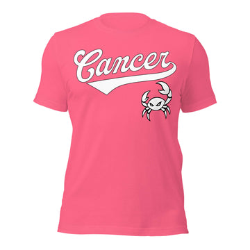 Cancer zodiac sports graphic t-shirt, pink with white ink, unisex athletic astrology apparel, front flat lay