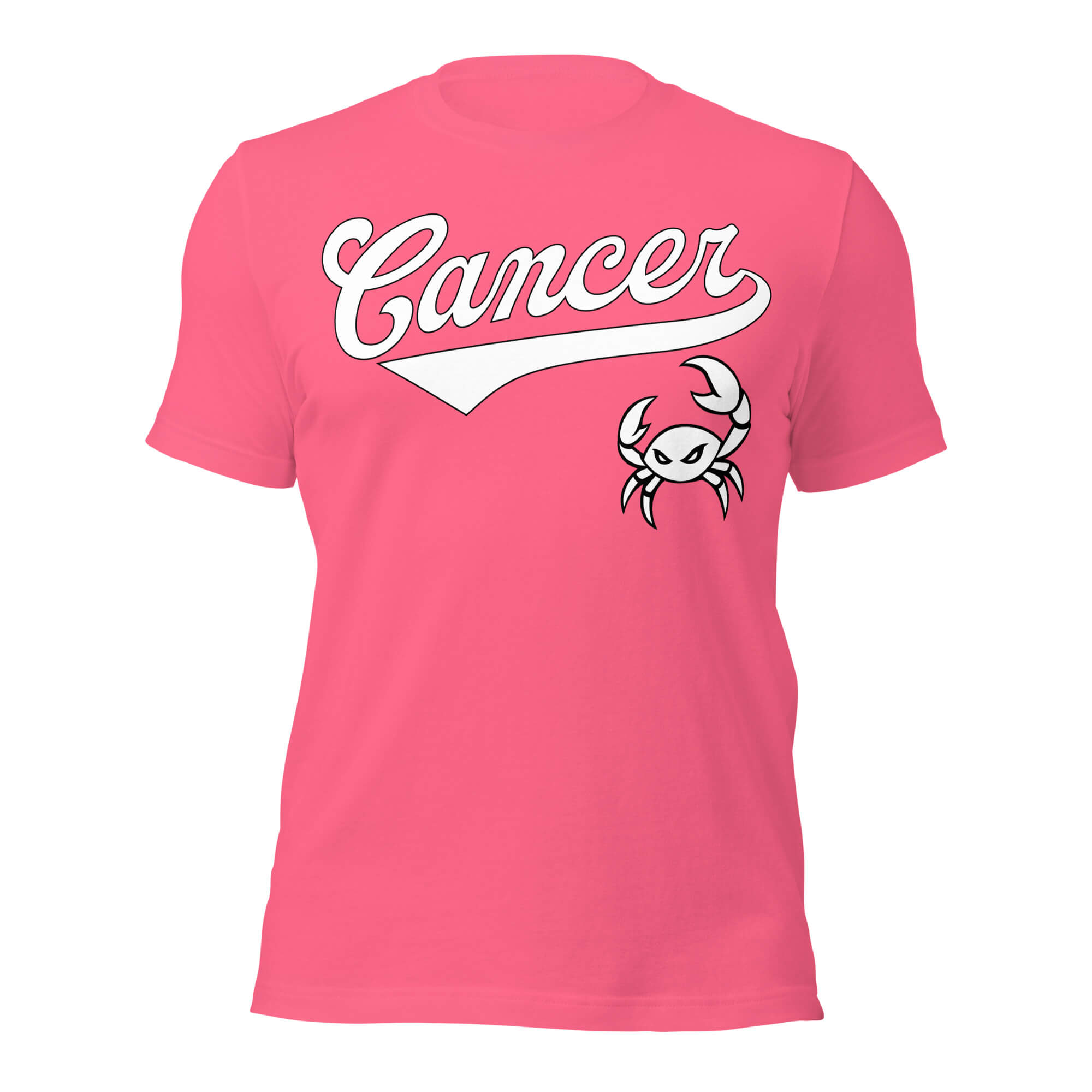 Cancer zodiac sports graphic t-shirt, pink with white ink, unisex athletic astrology apparel, front flat lay