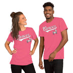 Two people wearing pink t-shirts with a Cancer zodiac graphic and text on a white background