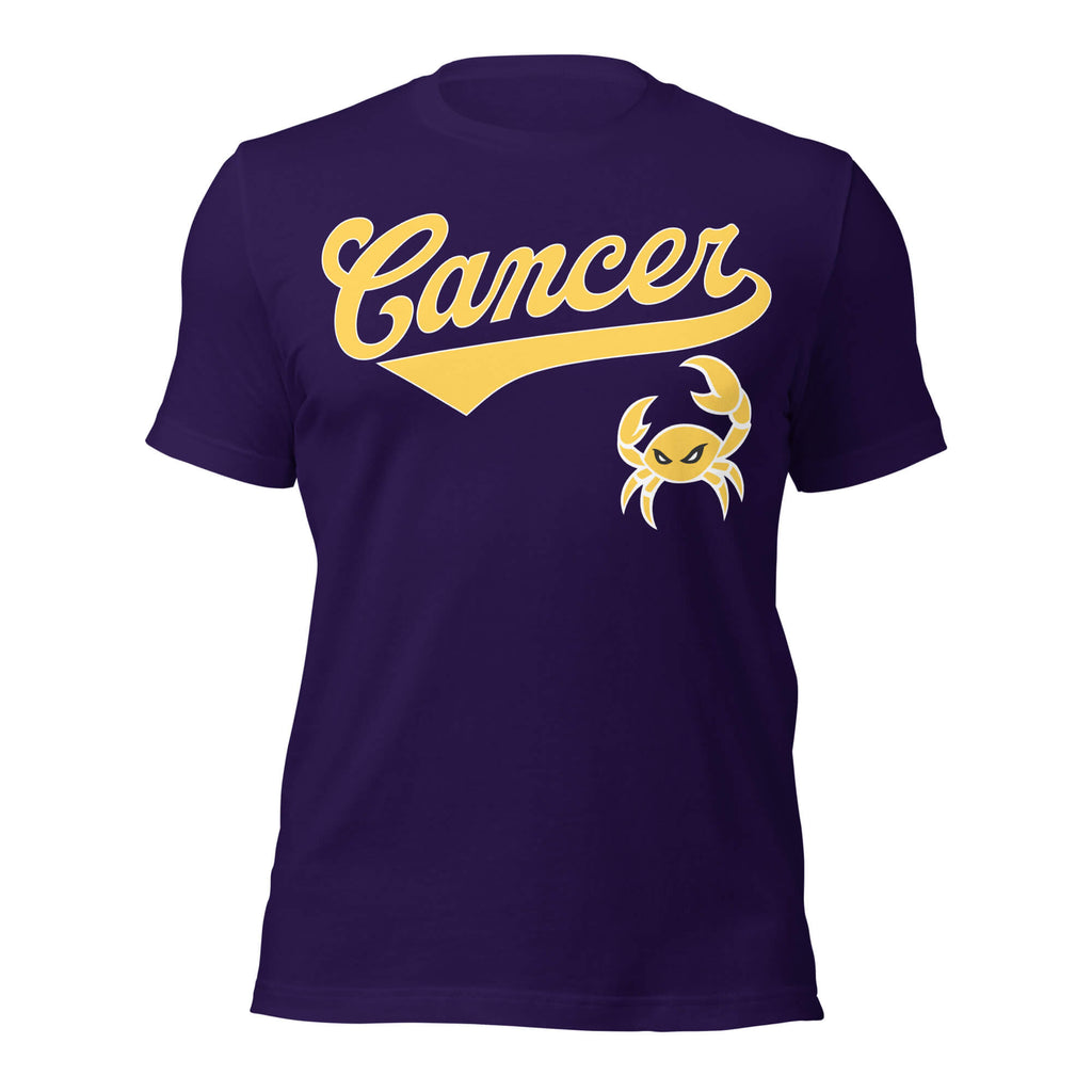 Cancer zodiac sports graphic t-shirt, purple with gold ink, unisex athletic astrology apparel, front flat lay
