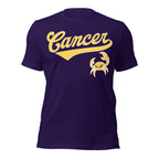 Cancer zodiac sports graphic t-shirt, purple with gold ink, unisex athletic astrology apparel, front flat lay