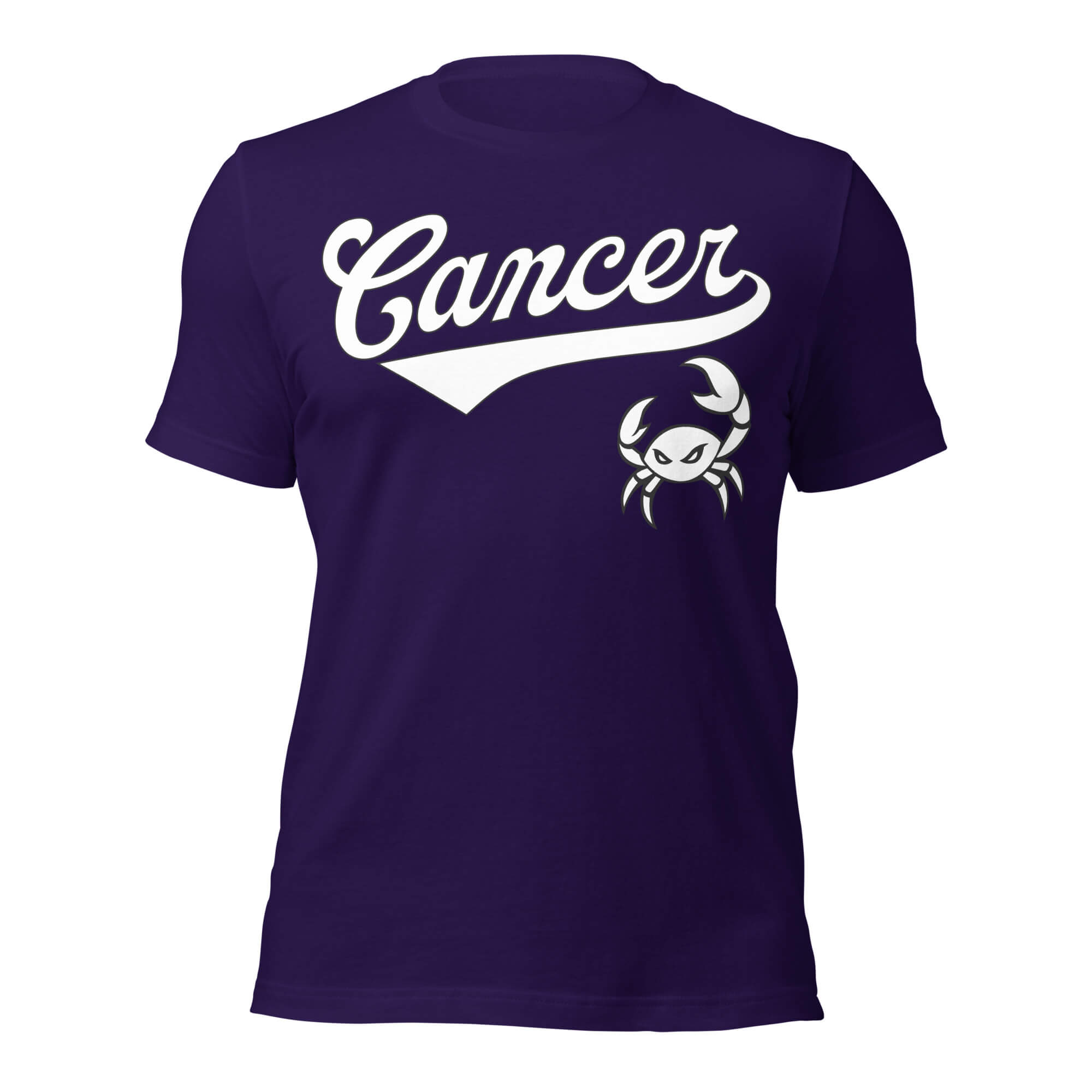 Cancer zodiac sports graphic t-shirt, purple with white ink, unisex athletic astrology apparel, front flat lay