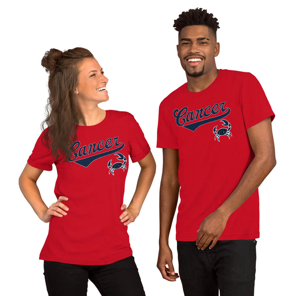 Two people wearing red t-shirts with Cancer zodiac graphics on a white background