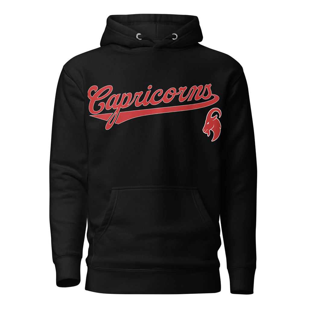 Capricorn zodiac sports graphic hoodie, black with red ink, unisex athletic astrology apparel, front flat lay