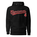 Capricorn zodiac sports graphic hoodie, black with red ink, unisex athletic astrology apparel, front flat lay