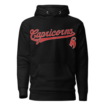 Capricorn zodiac sports graphic hoodie, black with red ink, unisex athletic astrology apparel, front flat lay