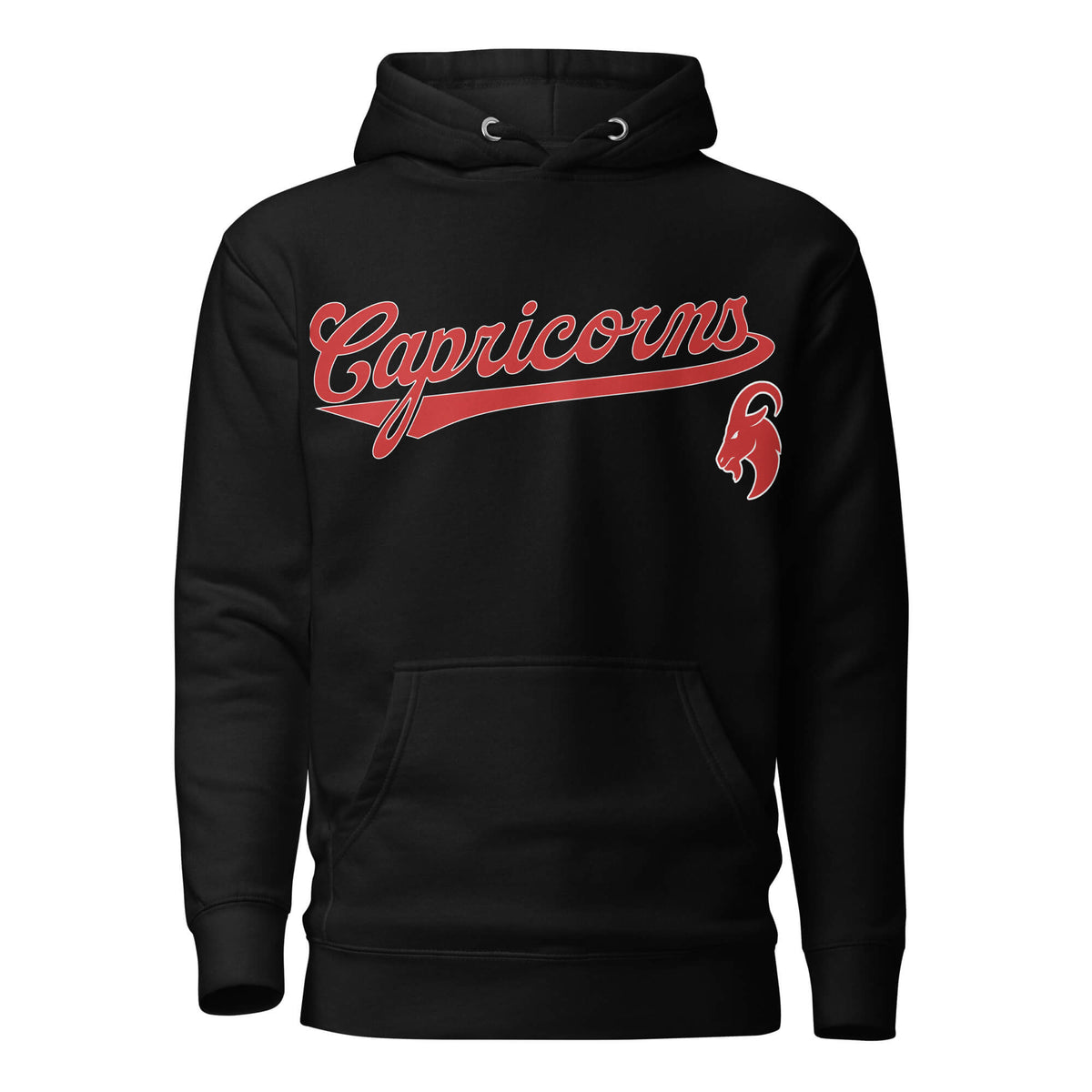 Capricorn zodiac sports graphic hoodie, black with red ink, unisex athletic astrology apparel, front flat lay
