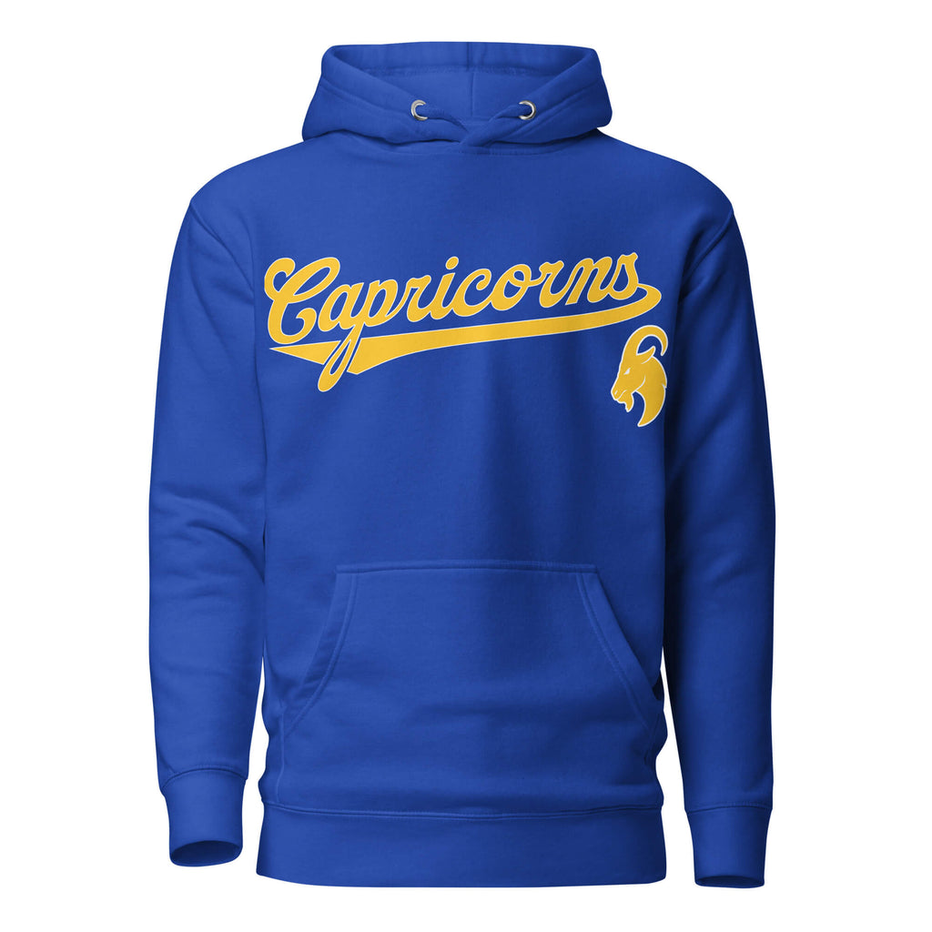 Capricorn zodiac sports graphic hoodie, blue with gold ink, unisex athletic astrology apparel, front flat lay
