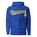 Capricorn zodiac sports graphic hoodie, blue with gold ink, unisex athletic astrology apparel, front flat lay