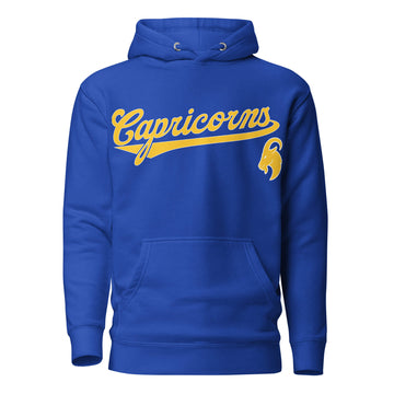 Capricorn zodiac sports graphic hoodie, blue with gold ink, unisex athletic astrology apparel, front flat lay