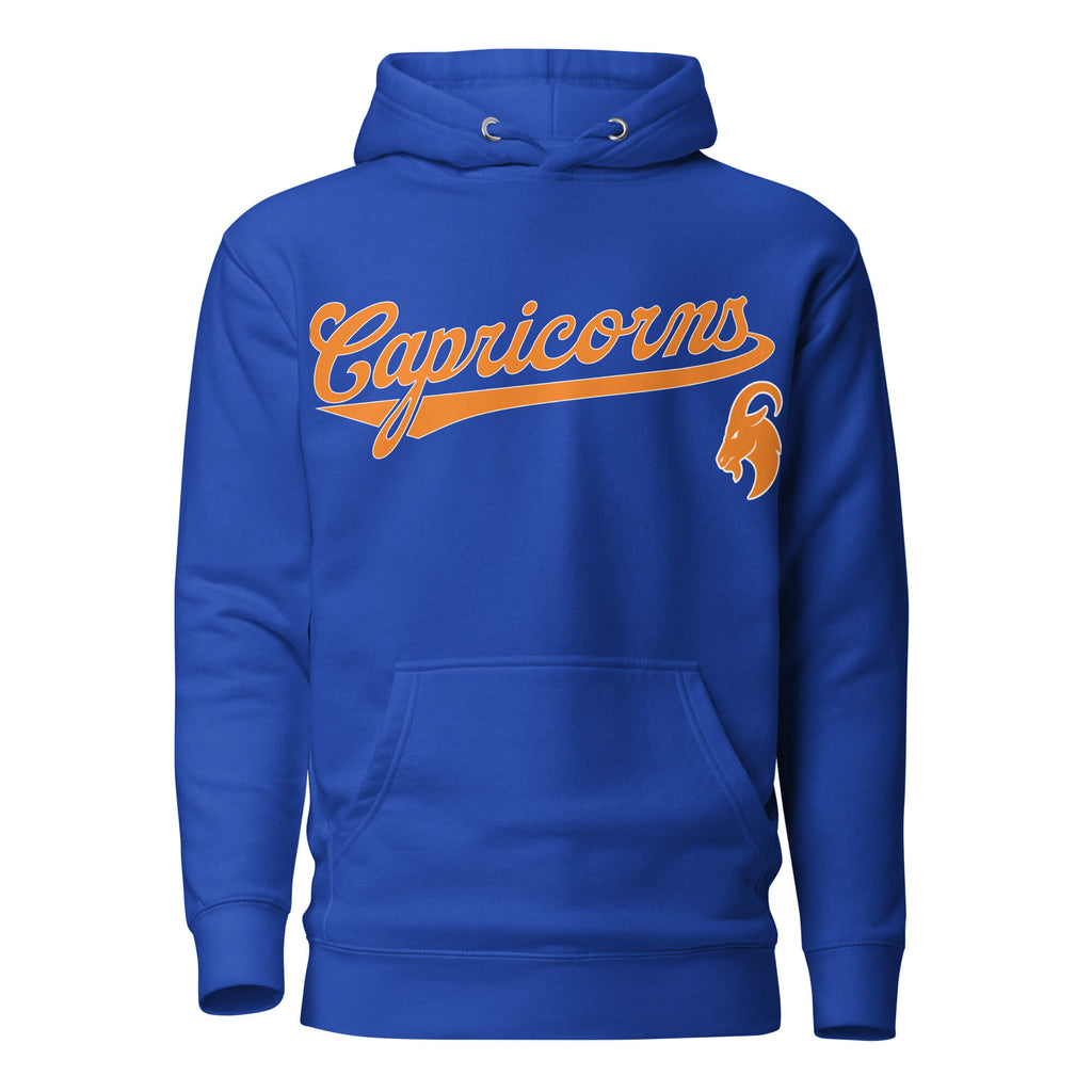 Capricorn zodiac sports graphic hoodie, blue with orange ink, unisex athletic astrology apparel, front flat lay
