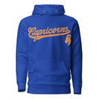 Capricorn zodiac sports graphic hoodie, blue with orange ink, unisex athletic astrology apparel, front flat lay