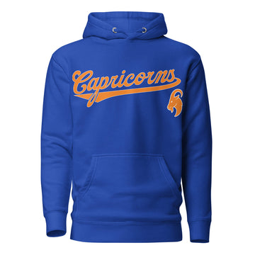 Capricorn zodiac sports graphic hoodie, blue with orange ink, unisex athletic astrology apparel, front flat lay