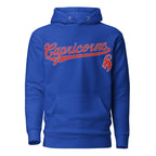 Capricorn zodiac sports graphic hoodie, blue with red ink, unisex athletic astrology apparel, front flat lay