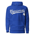 Capricorn zodiac sports graphic hoodie, blue with white ink, unisex athletic astrology apparel, front flat lay