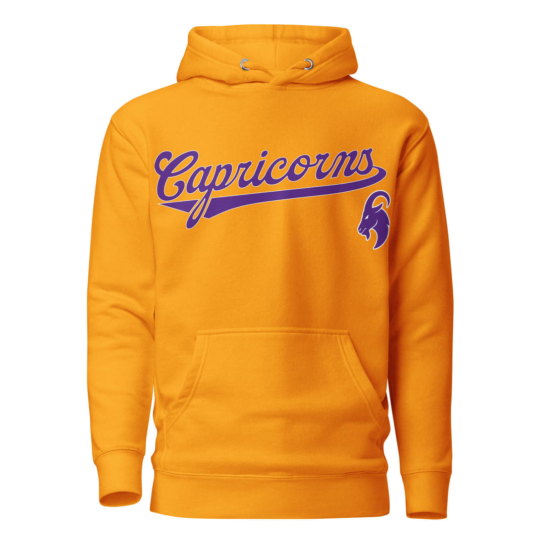 Capricorn zodiac sports graphic hoodie, gold with purple ink, unisex athletic astrology apparel, front flat lay