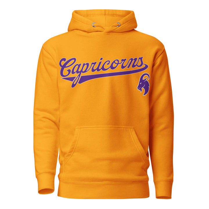 Capricorn zodiac sports graphic hoodie, gold with purple ink, unisex athletic astrology apparel, front flat lay