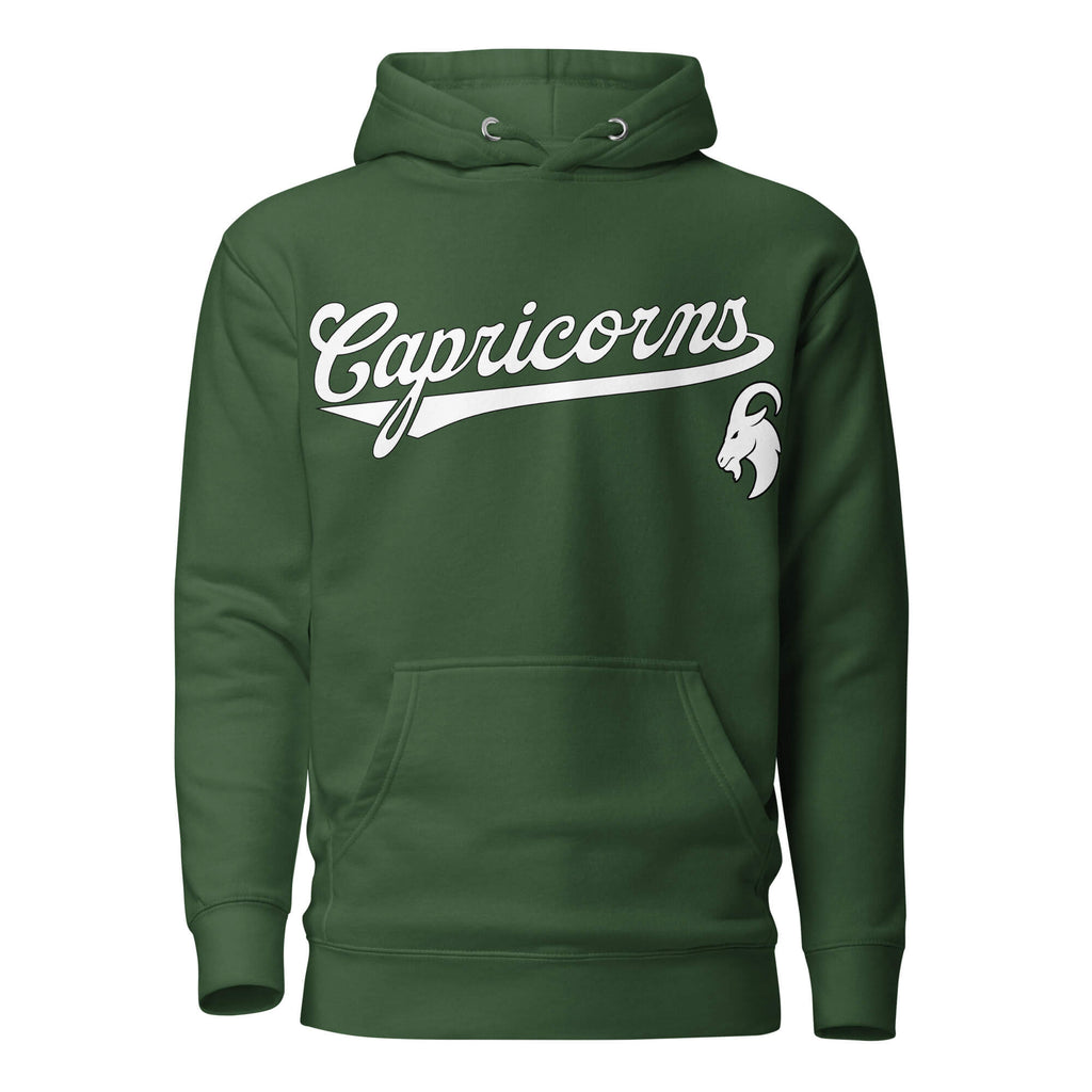 Capricorn zodiac sports graphic hoodie, green with white ink, unisex athletic astrology apparel, front flat lay