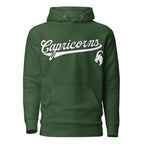 Capricorn zodiac sports graphic hoodie, green with white ink, unisex athletic astrology apparel, front flat lay