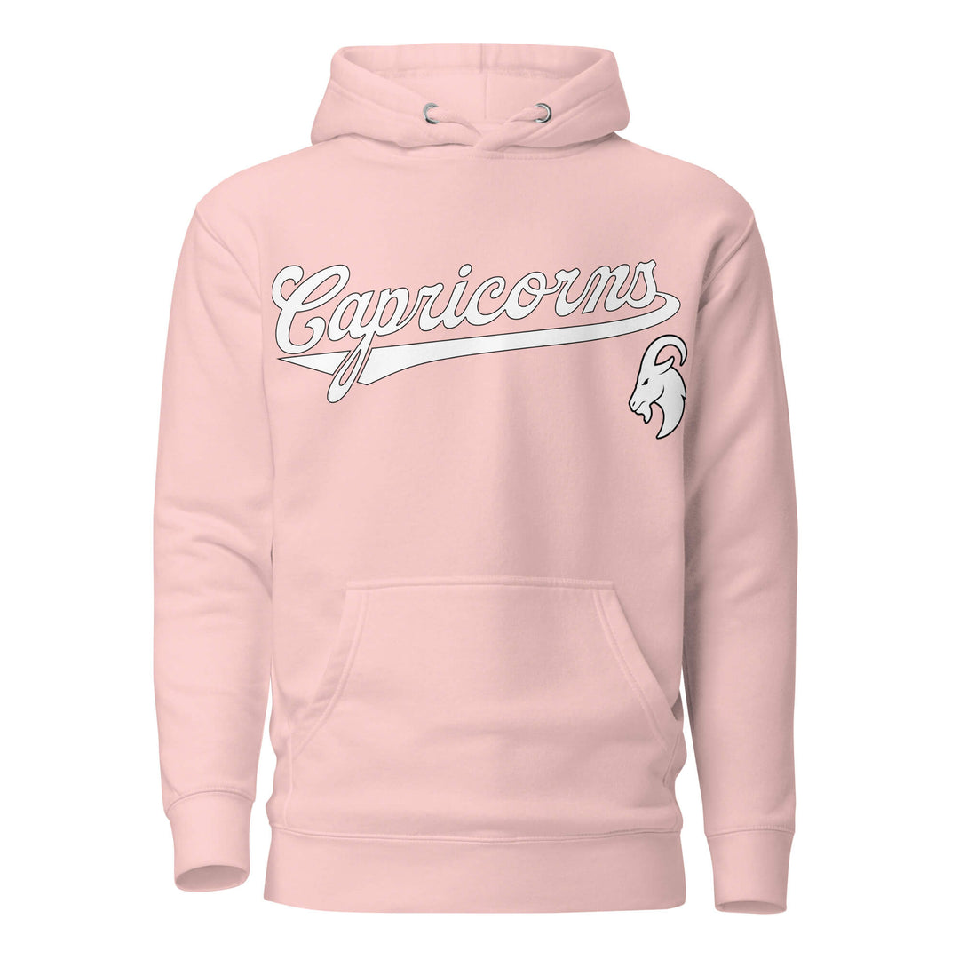 Capricorn zodiac sports graphic hoodie, pink with white ink, unisex athletic astrology apparel, front flat lay