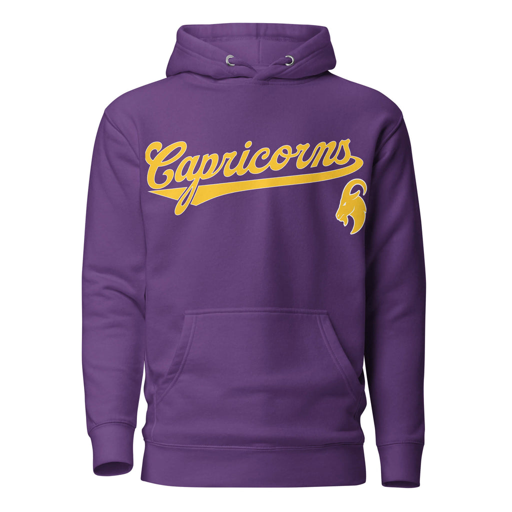 Capricorn zodiac sports graphic hoodie, purple with gold ink, unisex athletic astrology apparel, front flat lay