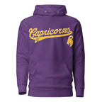 Capricorn zodiac sports graphic hoodie, purple with gold ink, unisex athletic astrology apparel, front flat lay