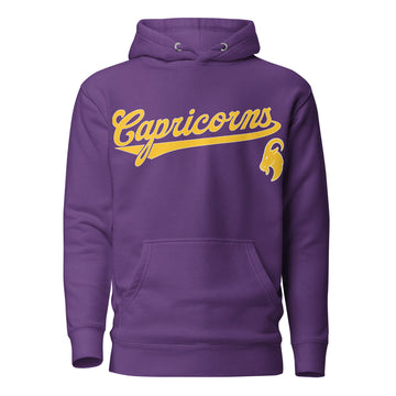 Capricorn zodiac sports graphic hoodie, purple with gold ink, unisex athletic astrology apparel, front flat lay