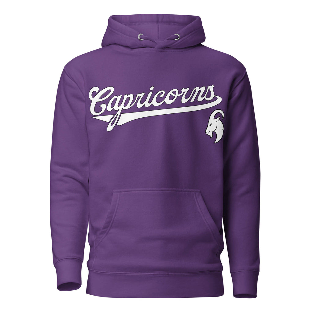 Capricorn zodiac sports graphic hoodie, purple with white ink, unisex athletic astrology apparel, front flat lay