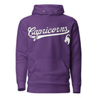 Capricorn zodiac sports graphic hoodie, purple with white ink, unisex athletic astrology apparel, front flat lay