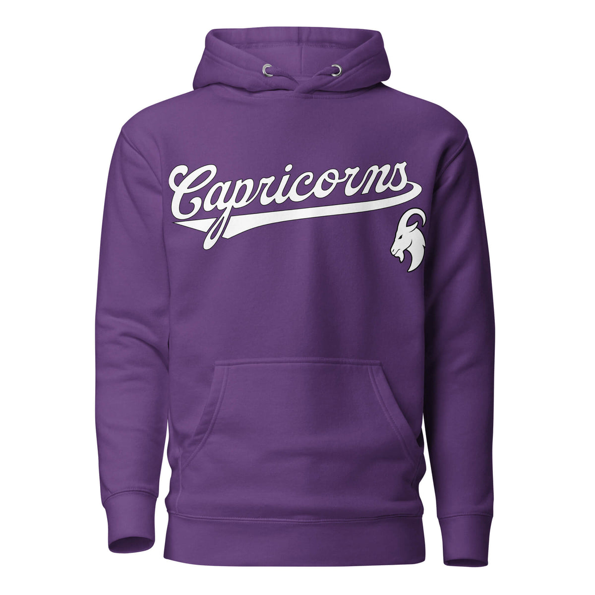 Capricorn zodiac sports graphic hoodie, purple with white ink, unisex athletic astrology apparel, front flat lay