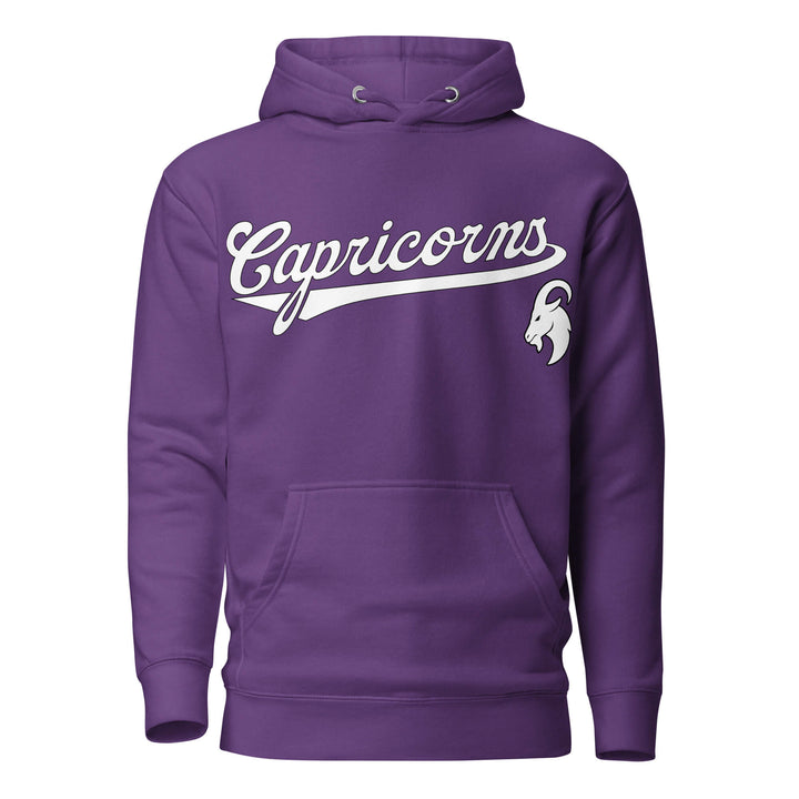 Capricorn zodiac sports graphic hoodie, purple with white ink, unisex athletic astrology apparel, front flat lay