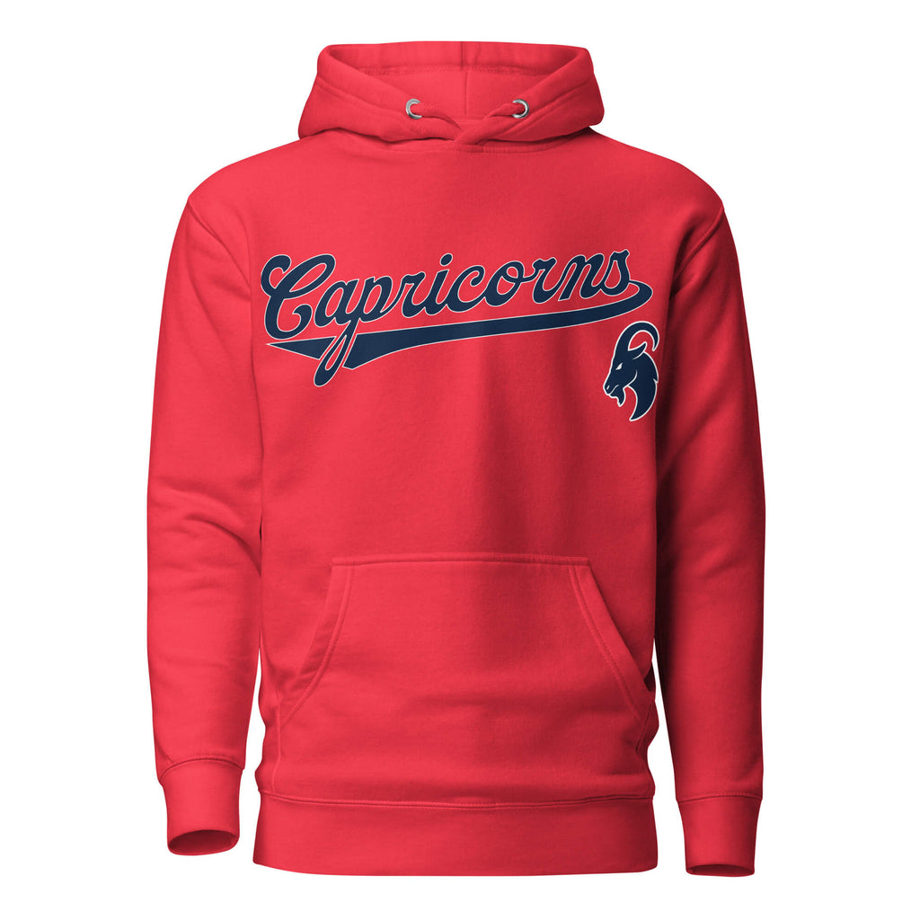 Capricorn zodiac sports graphic hoodie, red with blue ink, unisex athletic astrology apparel, front flat lay