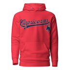 Capricorn zodiac sports graphic hoodie, red with blue ink, unisex athletic astrology apparel, front flat lay