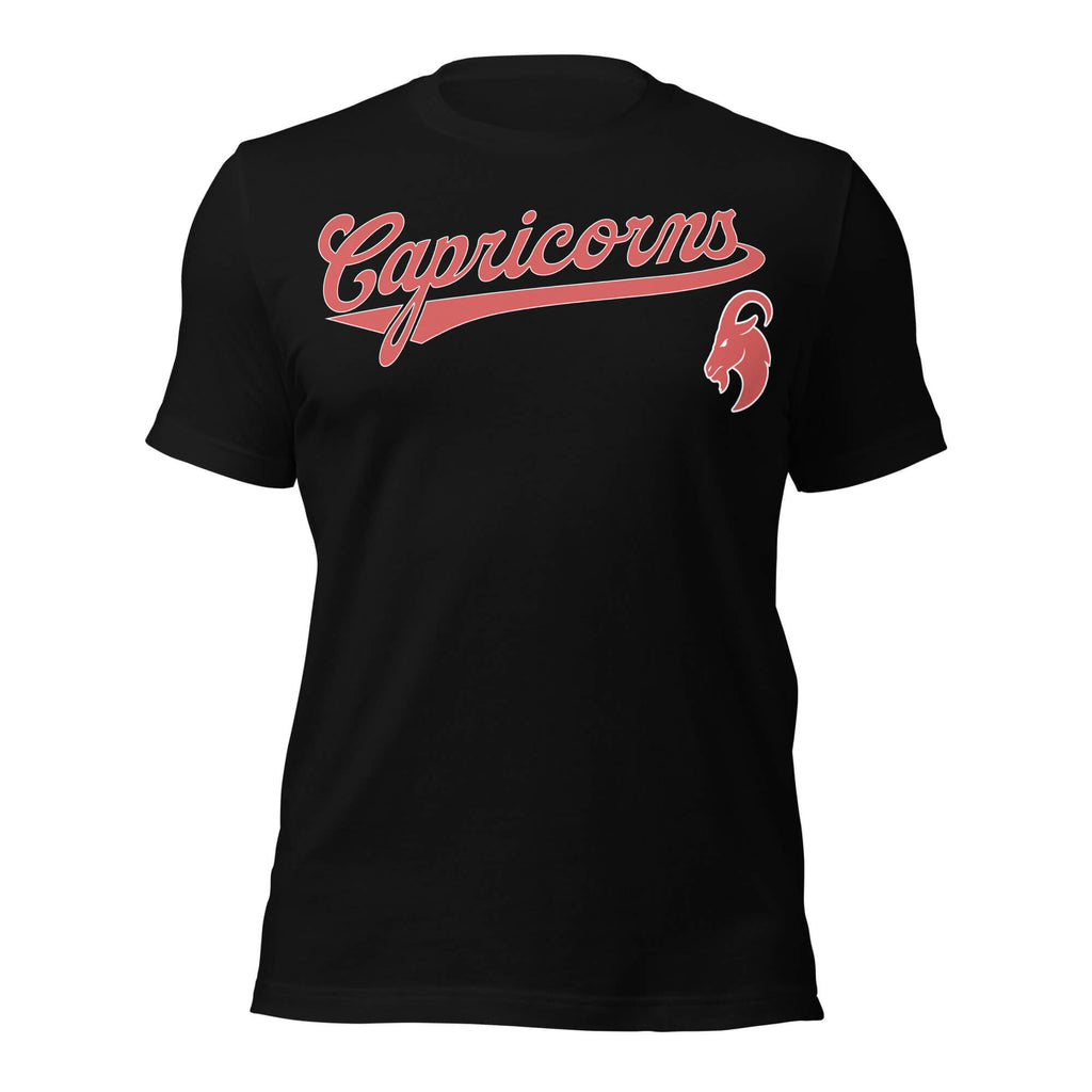 Capricorn zodiac sports graphic t-shirt, black with red ink, unisex athletic astrology apparel, front flat lay