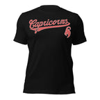 Capricorn zodiac sports graphic t-shirt, black with red ink, unisex athletic astrology apparel, front flat lay