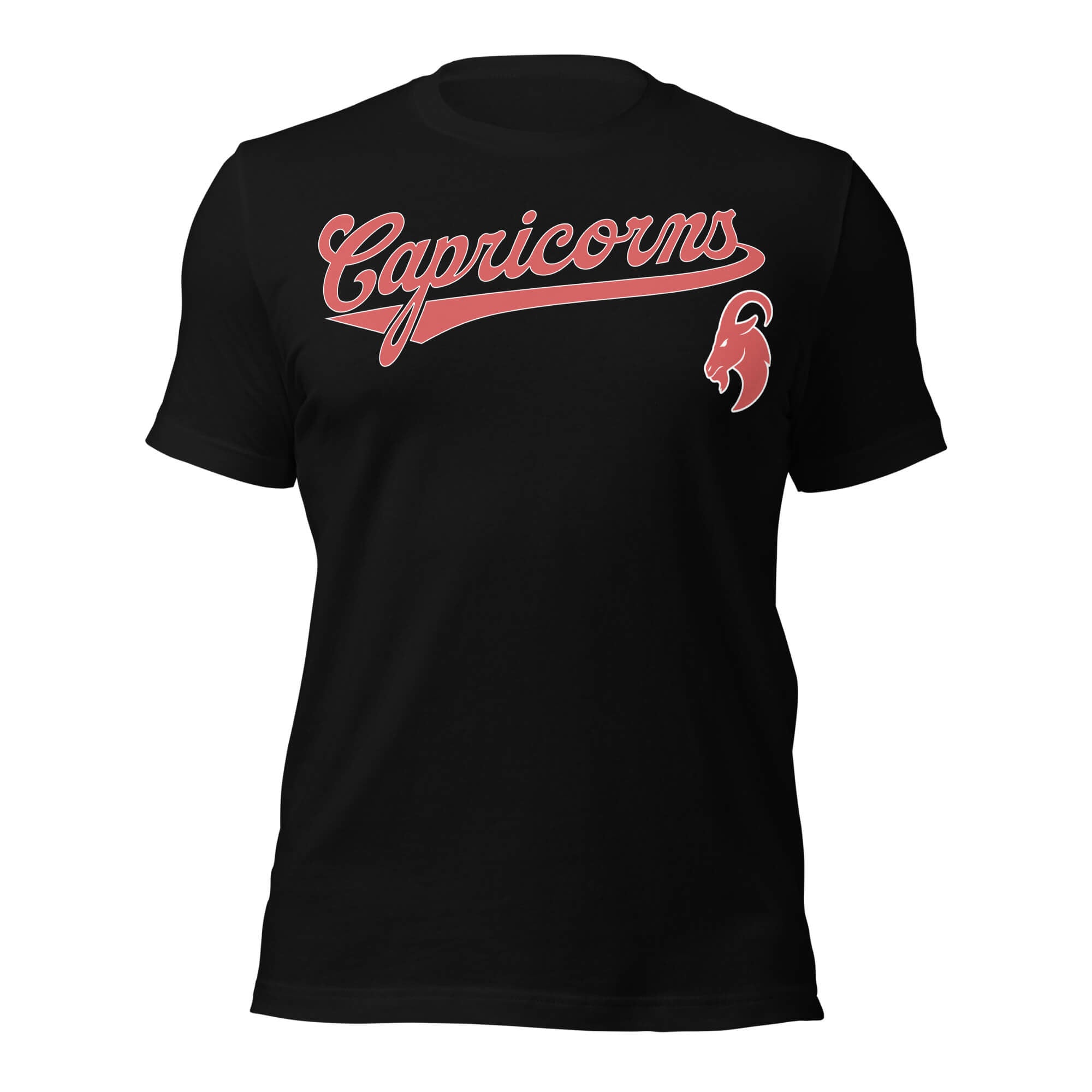 Capricorn zodiac sports graphic t-shirt, black with red ink, unisex athletic astrology apparel, front flat lay