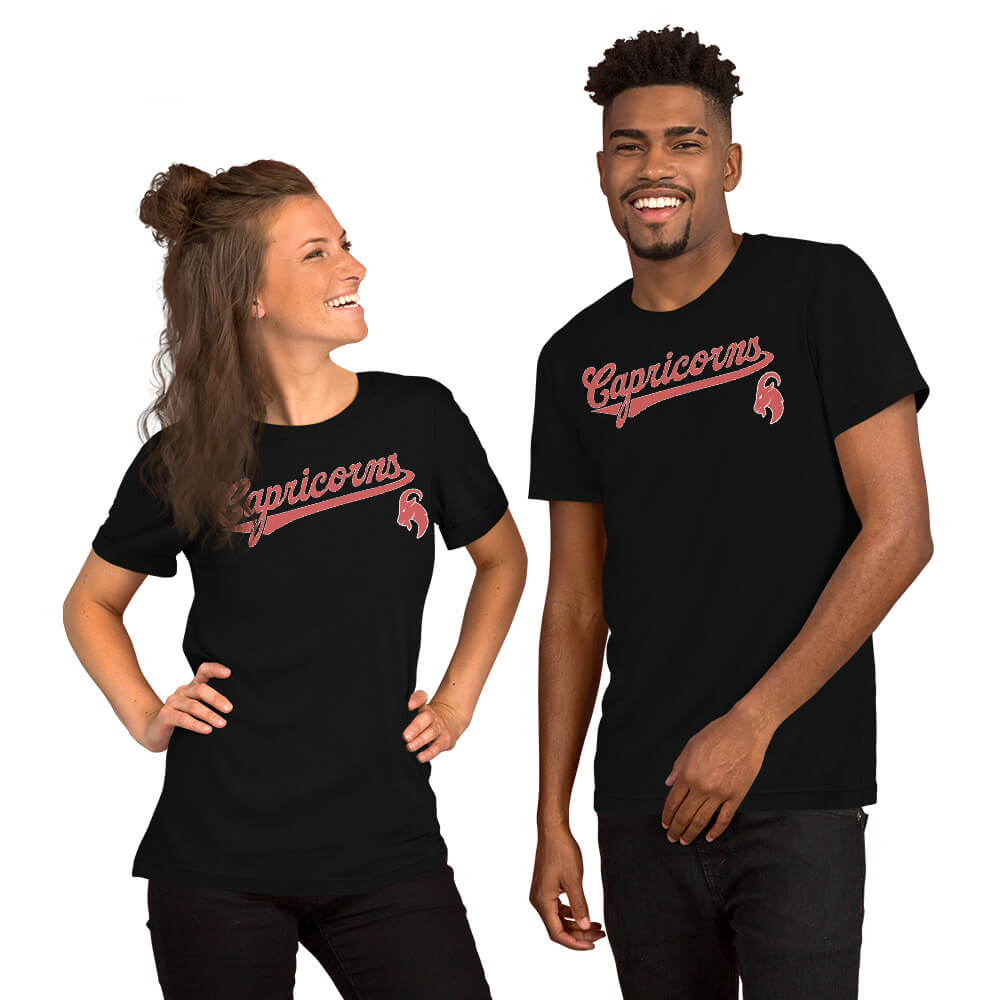 Two people wearing black t-shirts with 'Capricorns' text on a white background